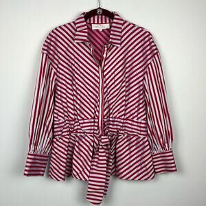 Pearl by Lela Rose small striped belted button down cotton blouse